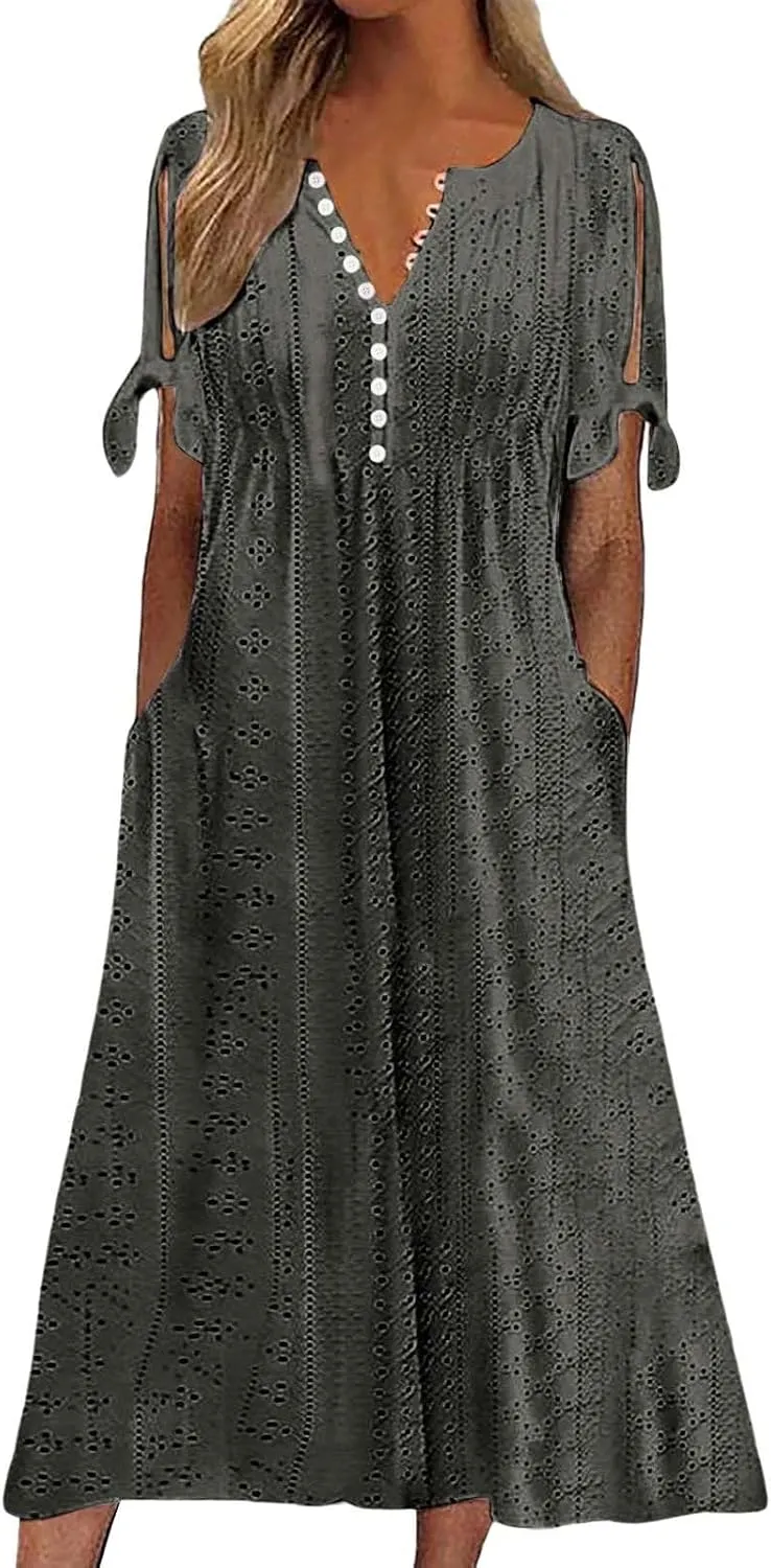 Women Summer Ruffle Hem Floral Lace Eyelet Dress Casual Notch Neck Midi Tunic Dress with Pocket A Line Casual Sundress