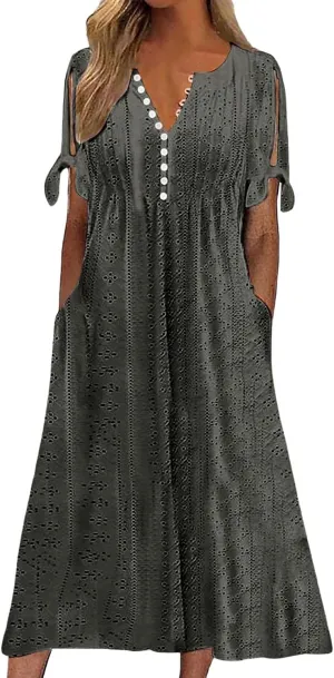 Women Summer Ruffle Hem Floral Lace Eyelet Dress Casual Notch Neck Midi Tunic Dress with Pocket A Line Casual Sundress