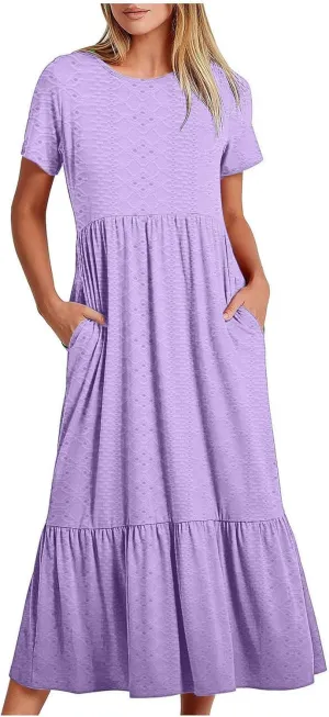Women Summer Ruffle Hem Floral Lace Eyelet Dress Short Sleeve Casual Round Neck Midi Flowy Tunic Dress with Pockets
