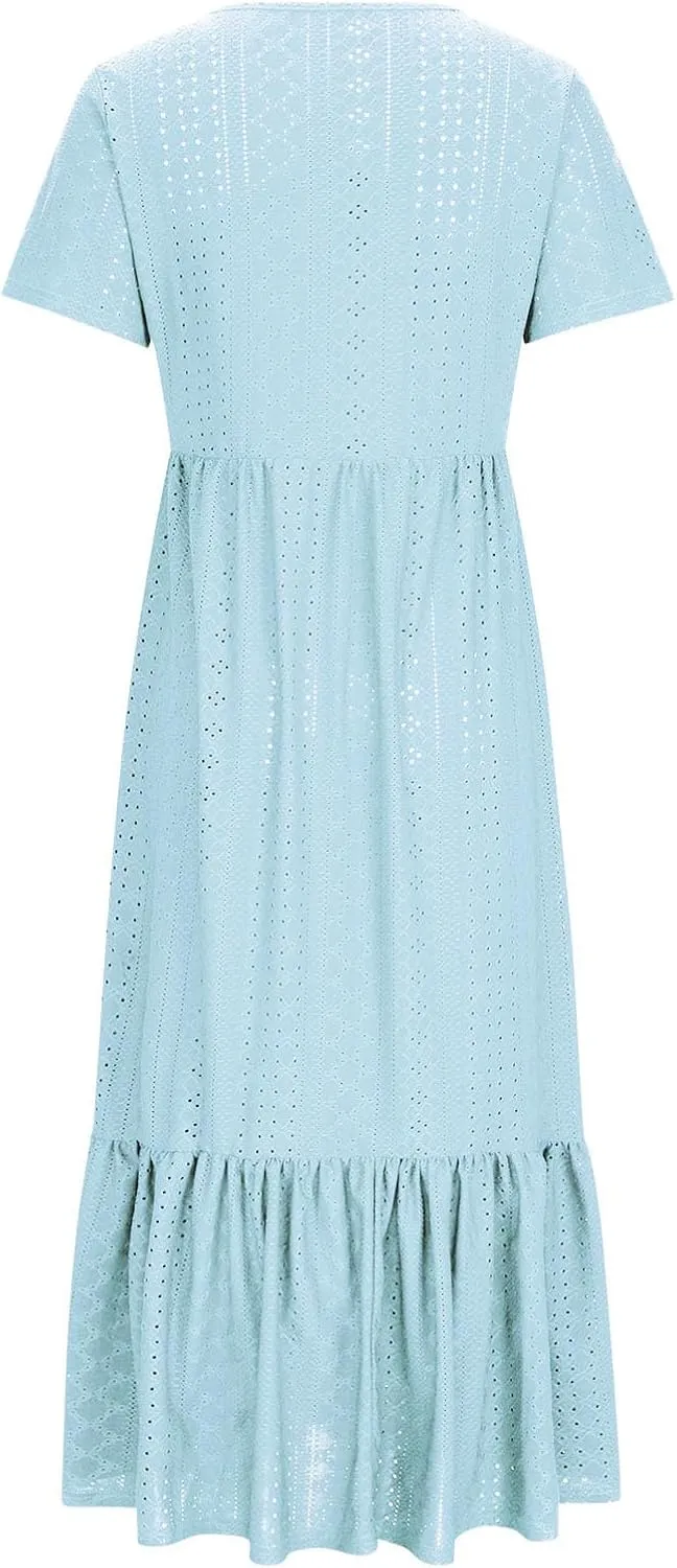 Women Summer Ruffle Hem Floral Lace Eyelet Dress Short Sleeve Casual Round Neck Midi Flowy Tunic Dress with Pockets