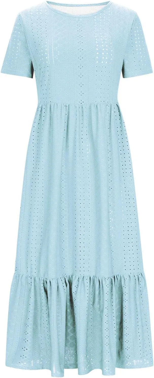 Women Summer Ruffle Hem Floral Lace Eyelet Dress Short Sleeve Casual Round Neck Midi Flowy Tunic Dress with Pockets