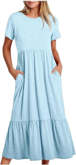 Women Summer Ruffle Hem Floral Lace Eyelet Dress Short Sleeve Casual Round Neck Midi Flowy Tunic Dress with Pockets