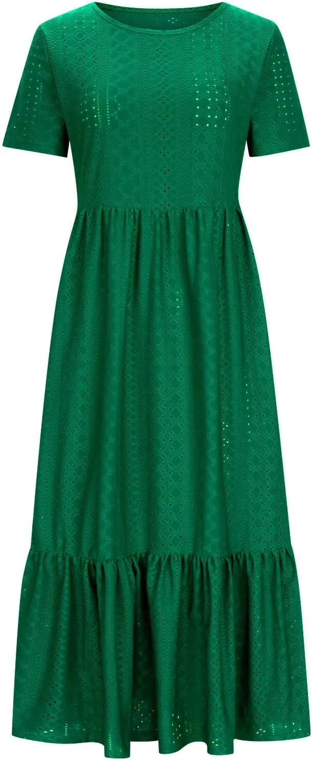 Women Summer Ruffle Hem Floral Lace Eyelet Dress Short Sleeve Casual Round Neck Midi Flowy Tunic Dress with Pockets