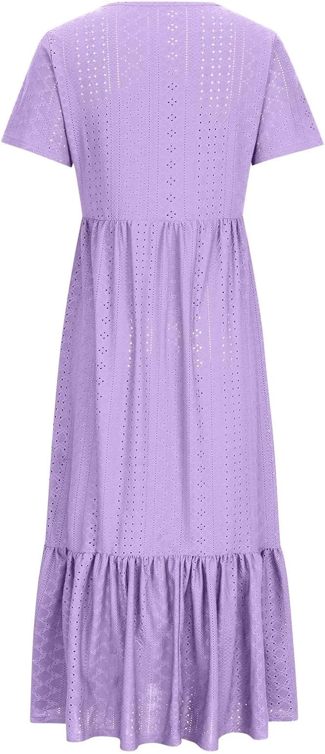 Women Summer Ruffle Hem Floral Lace Eyelet Dress Short Sleeve Casual Round Neck Midi Flowy Tunic Dress with Pockets