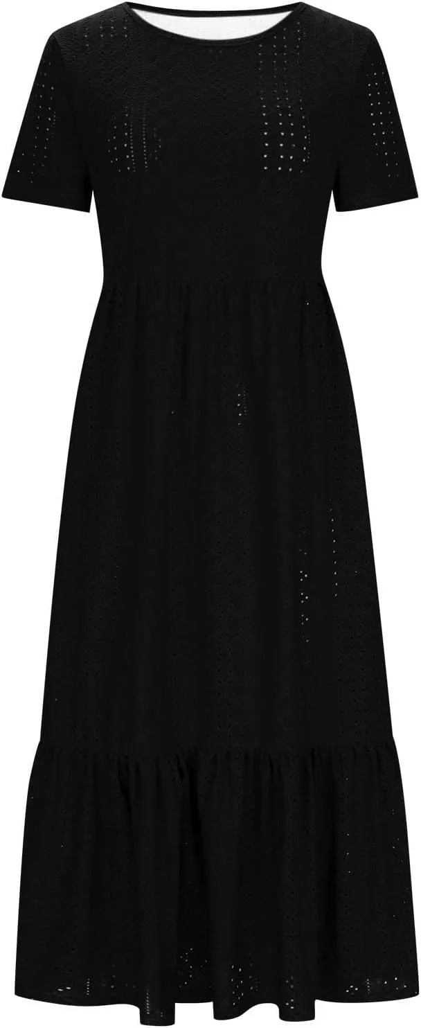Women Summer Ruffle Hem Floral Lace Eyelet Dress Short Sleeve Casual Round Neck Midi Flowy Tunic Dress with Pockets