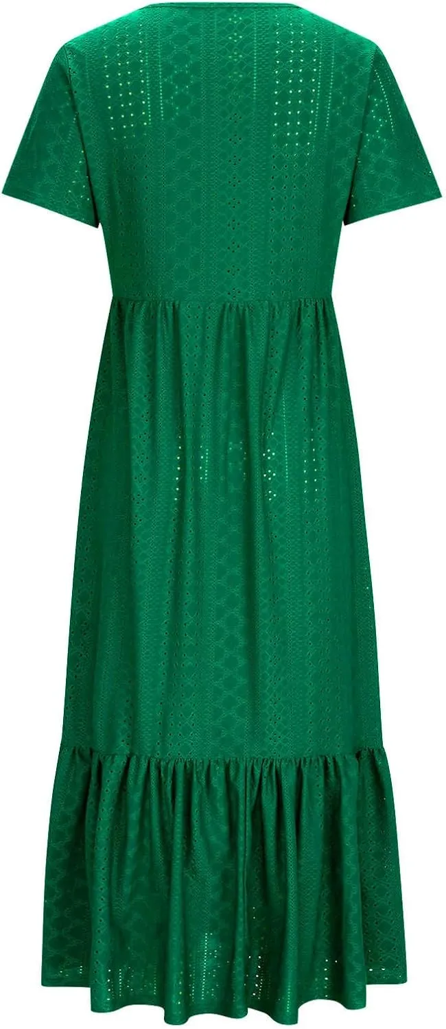 Women Summer Ruffle Hem Floral Lace Eyelet Dress Short Sleeve Casual Round Neck Midi Flowy Tunic Dress with Pockets
