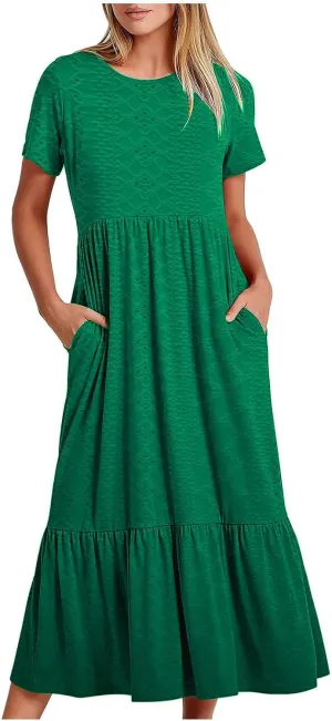 Women Summer Ruffle Hem Floral Lace Eyelet Dress Short Sleeve Casual Round Neck Midi Flowy Tunic Dress with Pockets