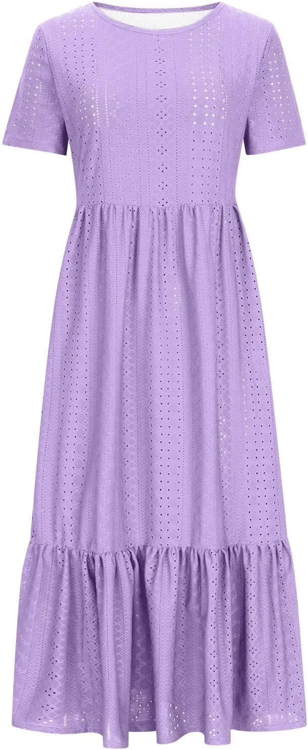 Women Summer Ruffle Hem Floral Lace Eyelet Dress Short Sleeve Casual Round Neck Midi Flowy Tunic Dress with Pockets