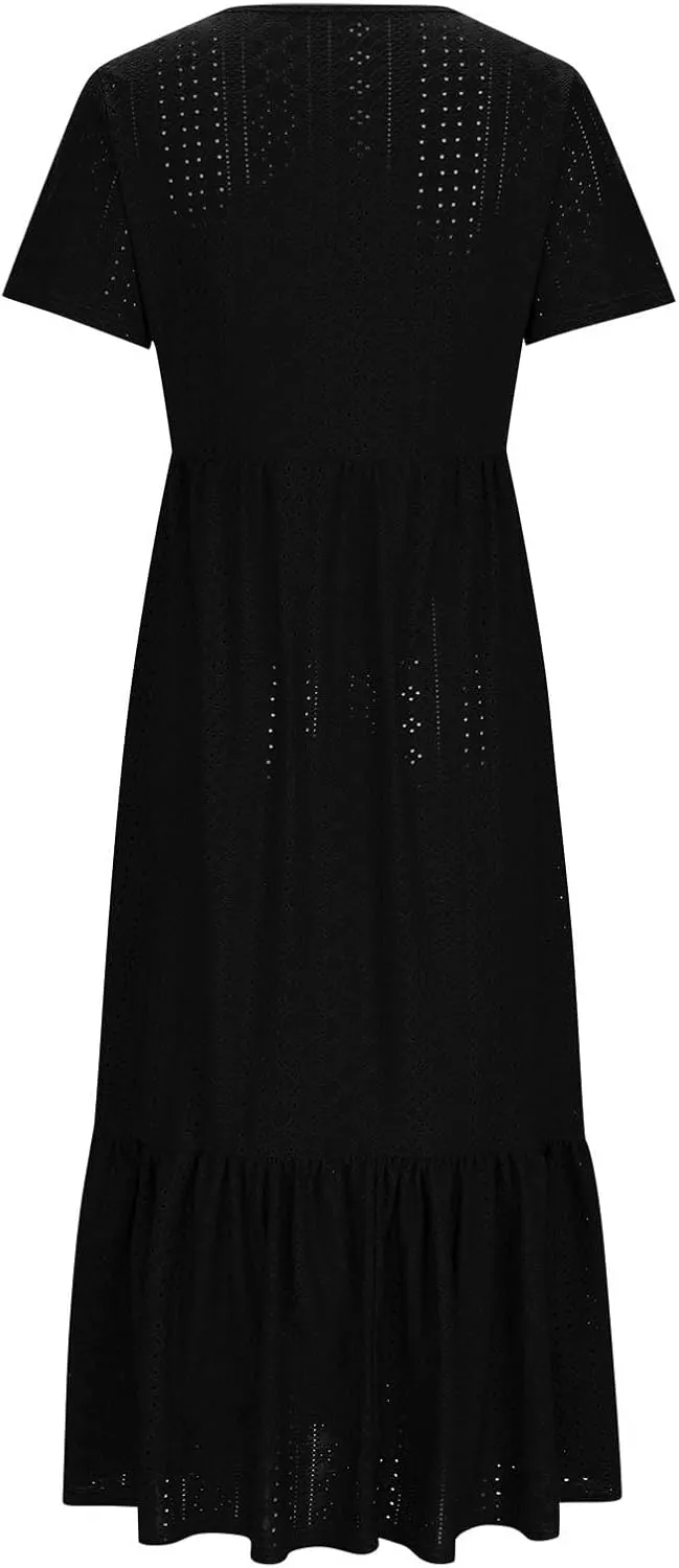 Women Summer Ruffle Hem Floral Lace Eyelet Dress Short Sleeve Casual Round Neck Midi Flowy Tunic Dress with Pockets