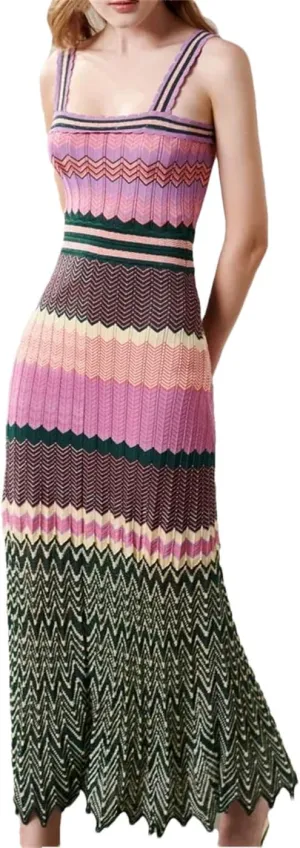 Women Suspender Skirt Multi Patchwork Pleated Empire Waist Bodycon Fit Stretchy Knitted Midi Dress