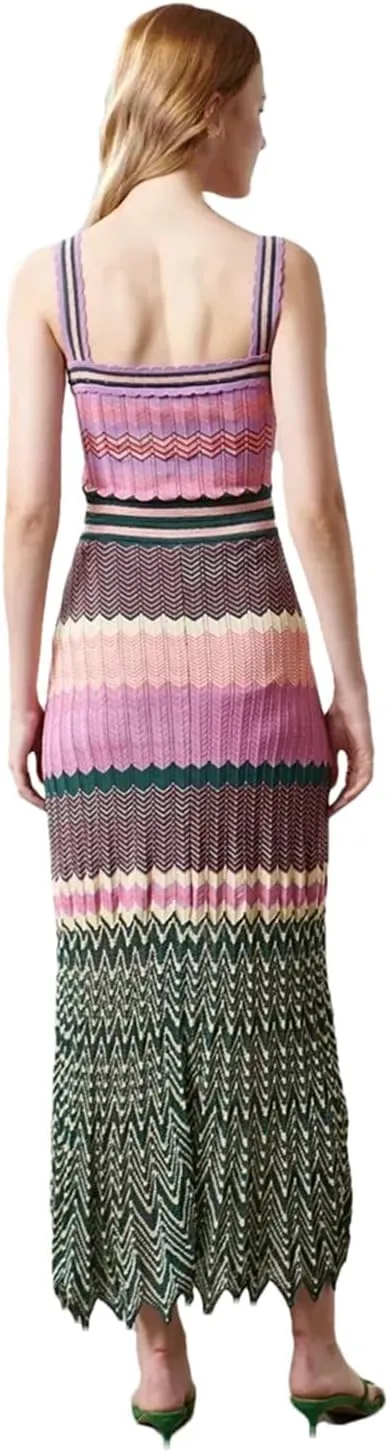 Women Suspender Skirt Multi Patchwork Pleated Empire Waist Bodycon Fit Stretchy Knitted Midi Dress
