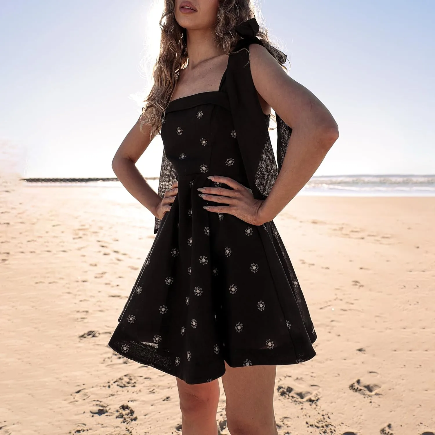 Women Tie Shoulder Boho Floral Mini Dress Y2k A Line Short Dresses Summer Going Out Ruffle Vacation Corset Dress