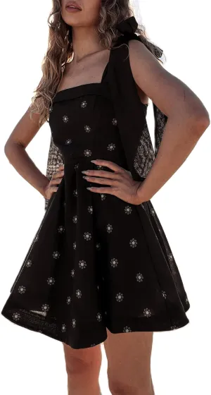 Women Tie Shoulder Boho Floral Mini Dress Y2k A Line Short Dresses Summer Going Out Ruffle Vacation Corset Dress