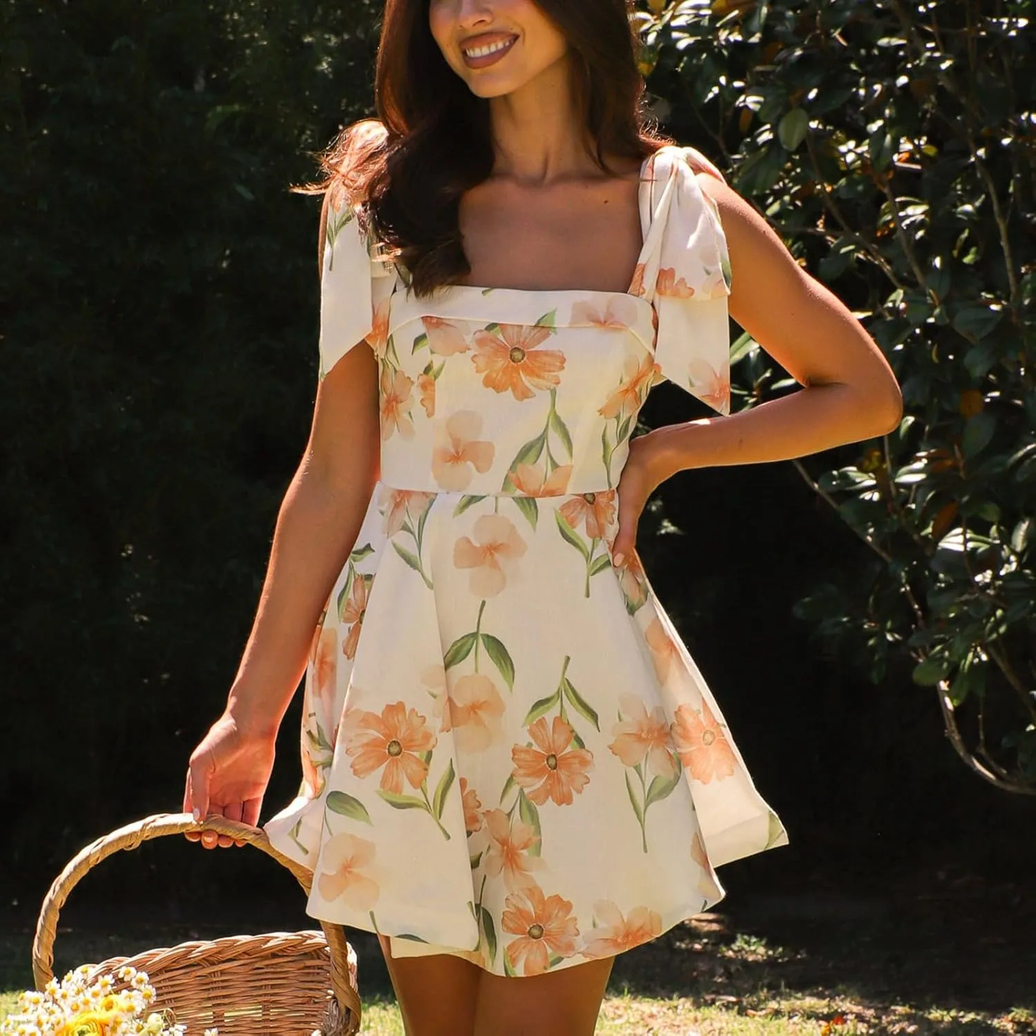 Women Tie Shoulder Boho Floral Mini Dress Y2k A Line Short Dresses Summer Going Out Ruffle Vacation Corset Dress