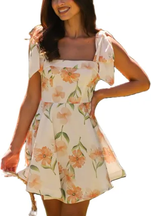 Women Tie Shoulder Boho Floral Mini Dress Y2k A Line Short Dresses Summer Going Out Ruffle Vacation Corset Dress