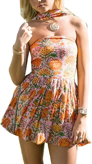 Women Y2k Boho Floral Tube Strapless Mini Scarf Balloon Dress Bohemian Smocked Ruffle Pleated Short Dresses