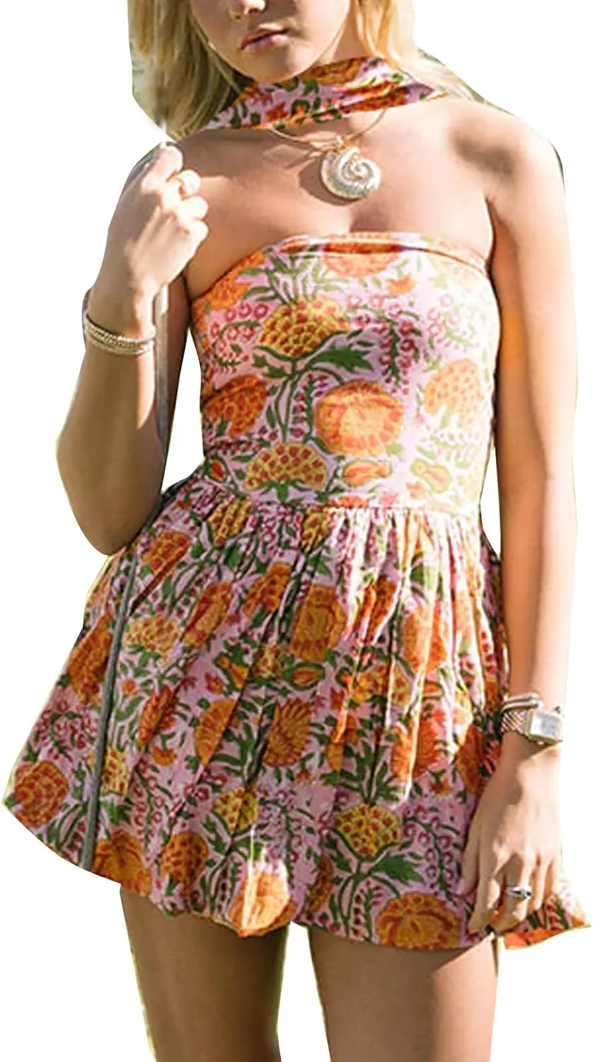 Women Y2k Boho Floral Tube Strapless Mini Scarf Balloon Dress Bohemian Smocked Ruffle Pleated Short Dresses