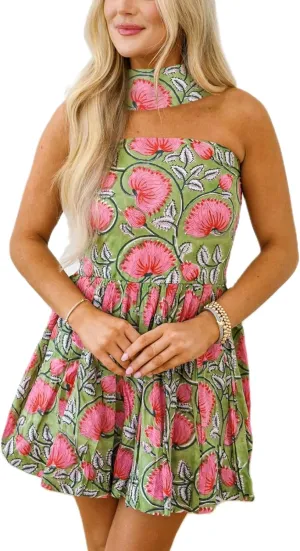 Women Y2k Boho Floral Tube Strapless Mini Scarf Balloon Dress Bohemian Smocked Ruffle Pleated Short Dresses