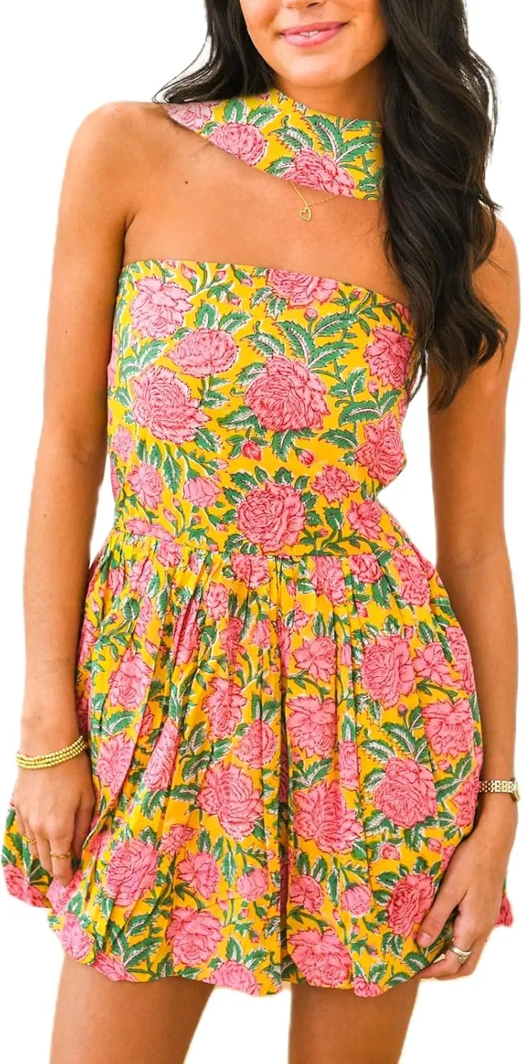 Women Y2k Boho Floral Tube Strapless Mini Scarf Balloon Dress Bohemian Smocked Ruffle Pleated Short Dresses