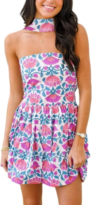 Women Y2k Boho Floral Tube Strapless Mini Scarf Balloon Dress Bohemian Smocked Ruffle Pleated Short Dresses