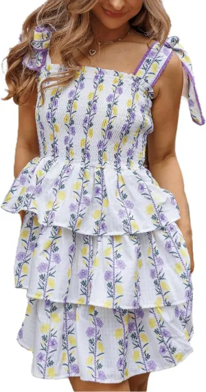 Women Y2K Tie Shoulder Mini Dress Bow Babydoll Ruffle Short Dress Summer Boho Floral Flowy Beach Sundress