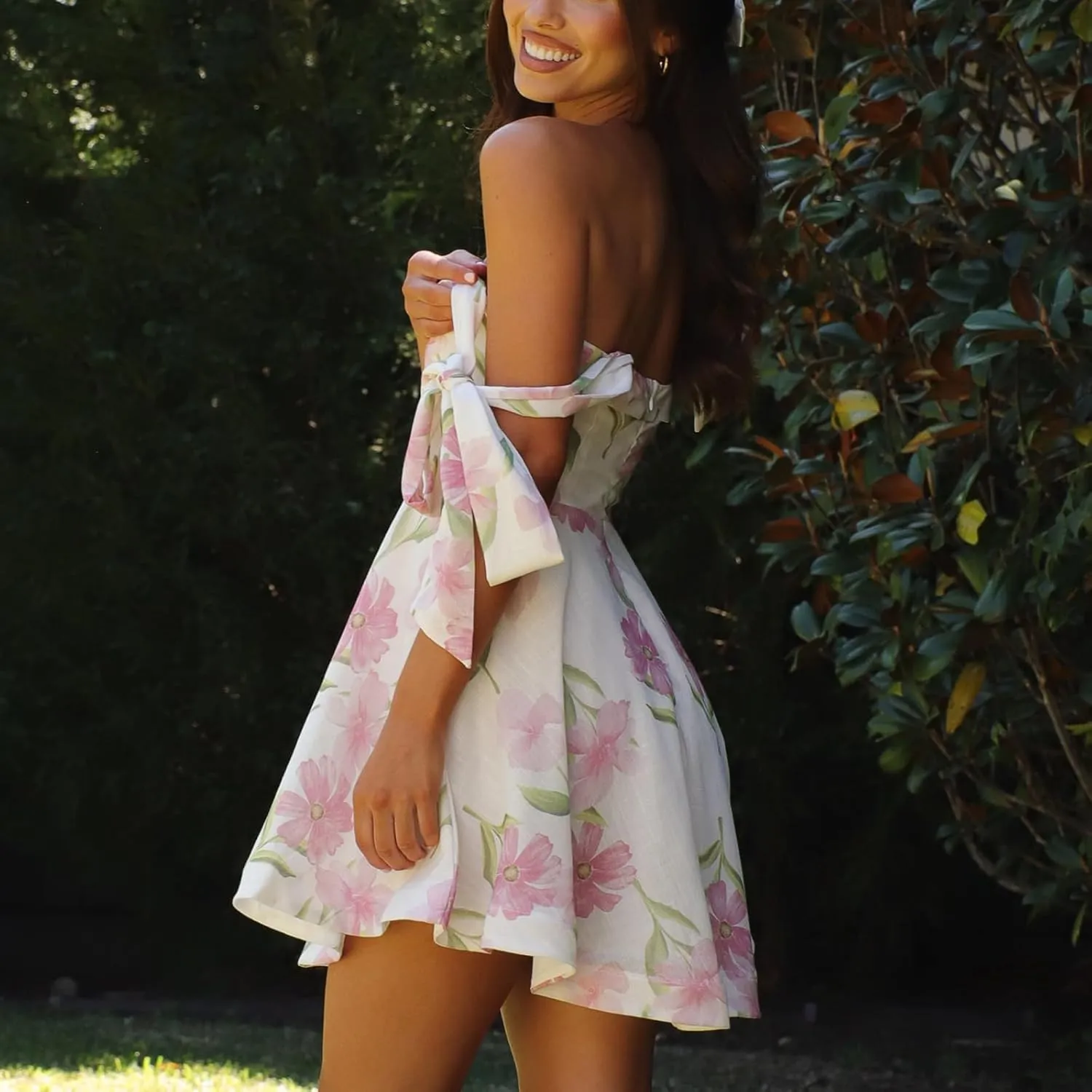 Women Y2k Tie Shoulder Mini Dress Elegant Floral Print Backless Flowy A Line Dress Summer Beach Party Short Sundress