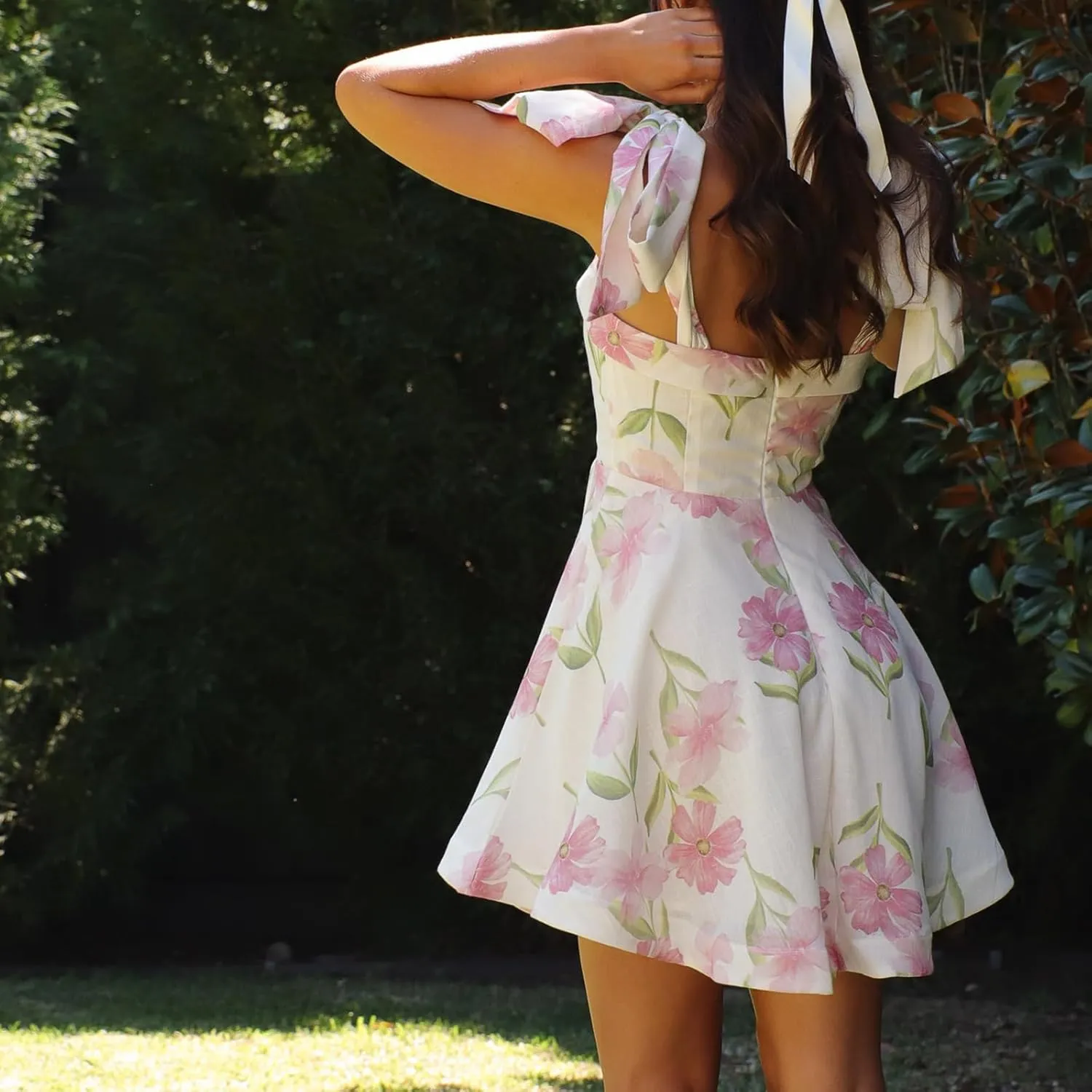 Women Y2k Tie Shoulder Mini Dress Elegant Floral Print Backless Flowy A Line Dress Summer Beach Party Short Sundress