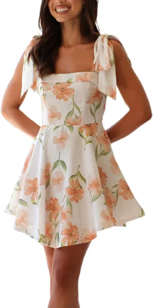 Women Y2k Tie Shoulder Mini Dress Elegant Floral Print Backless Flowy A Line Dress Summer Beach Party Short Sundress