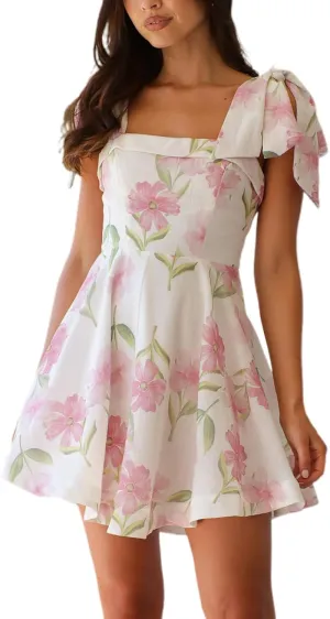 Women Y2k Tie Shoulder Mini Dress Elegant Floral Print Backless Flowy A Line Dress Summer Beach Party Short Sundress