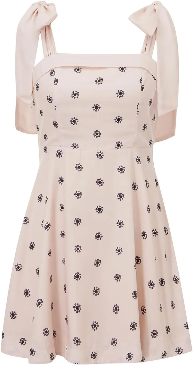 Women Y2k Tie Shoulder Mini Dress Elegant Floral Print Backless Flowy A Line Dress Summer Beach Party Short Sundress