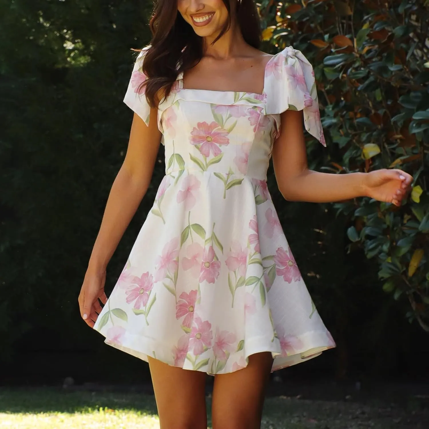 Women Y2k Tie Shoulder Mini Dress Elegant Floral Print Backless Flowy A Line Dress Summer Beach Party Short Sundress