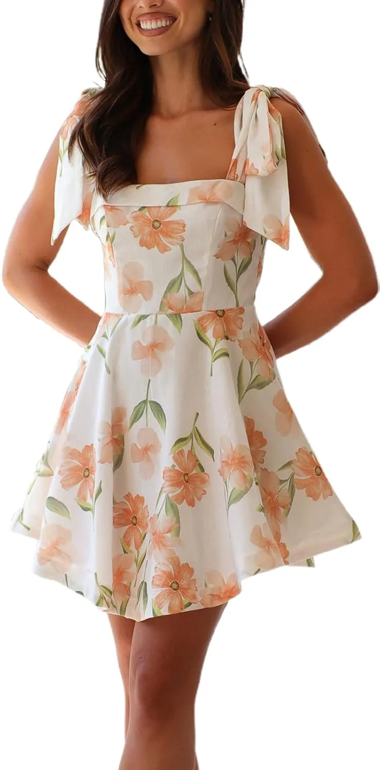 Women Y2k Tie Shoulder Mini Dress Elegant Floral Print Backless Flowy A Line Dress Summer Beach Party Short Sundress