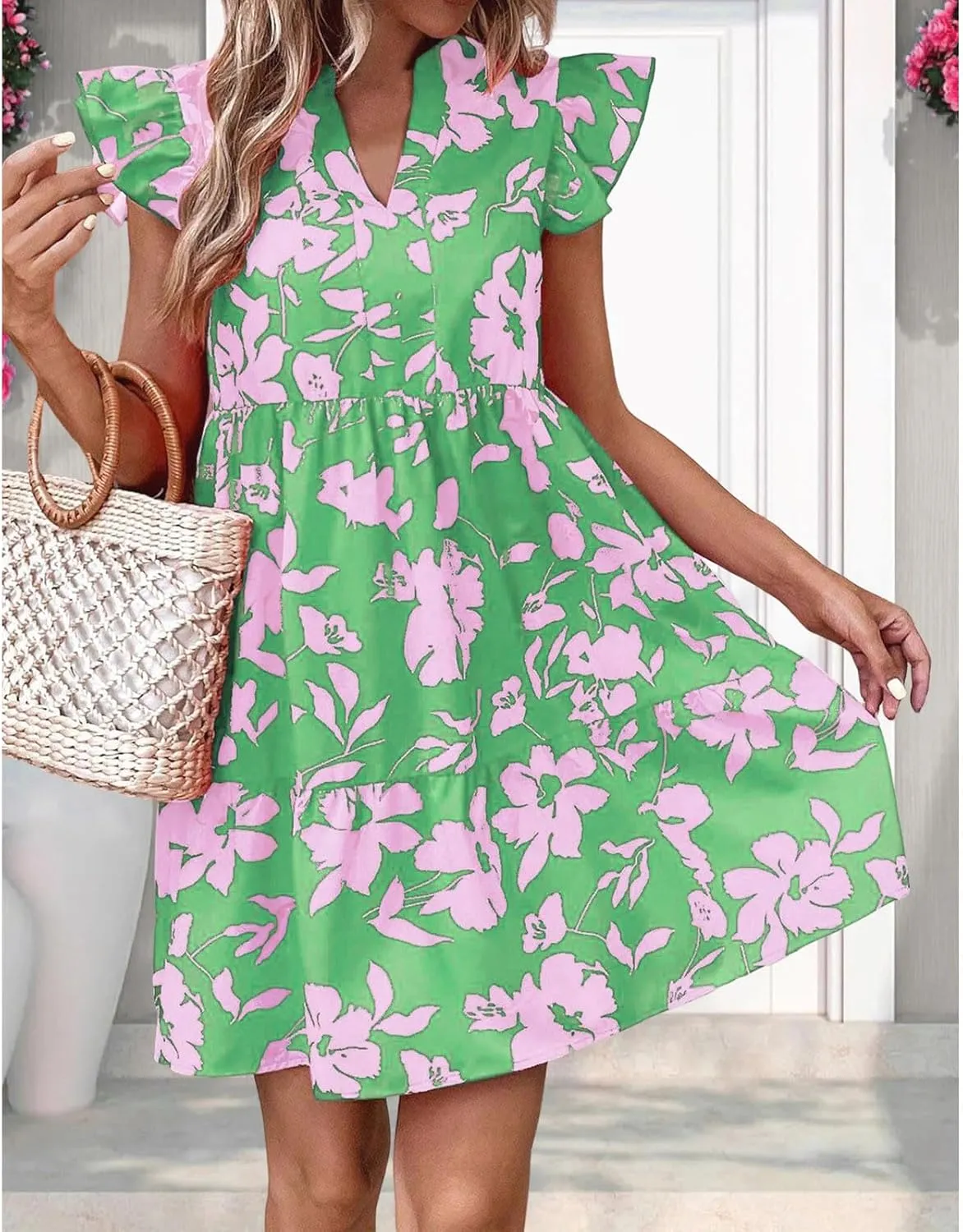 Women's 2024 Summer Casual Boho Lotus Leaf Sleeve Floral Print V Neck Ruffle Swing Knee-High Printing Beach Dress