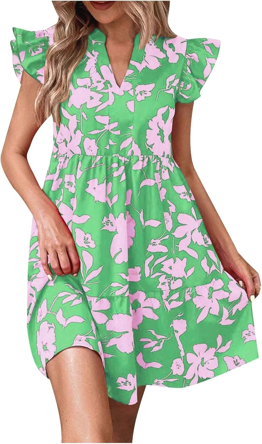 Women's 2024 Summer Casual Boho Lotus Leaf Sleeve Floral Print V Neck Ruffle Swing Knee-High Printing Beach Dress