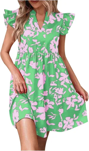 Women's 2024 Summer Casual Boho Lotus Leaf Sleeve Floral Print V Neck Ruffle Swing Knee-High Printing Beach Dress