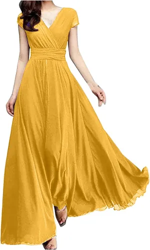 Women's 2024 Summer Casual Short Sleeve V Neck Smocked Elastic Waist Chiffon Evening Dress