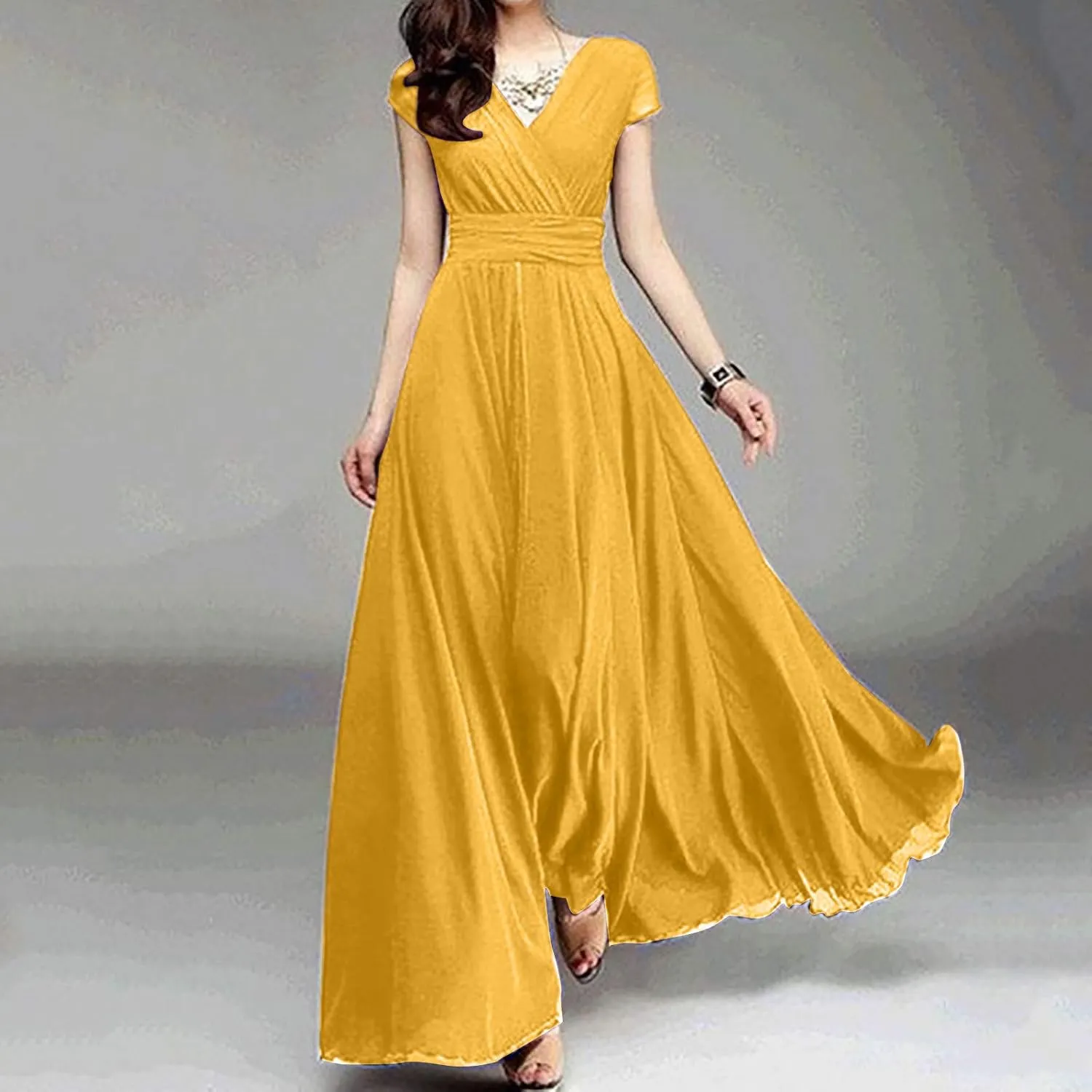 Women's 2024 Summer Casual Short Sleeve V Neck Smocked Elastic Waist Chiffon Evening Dress