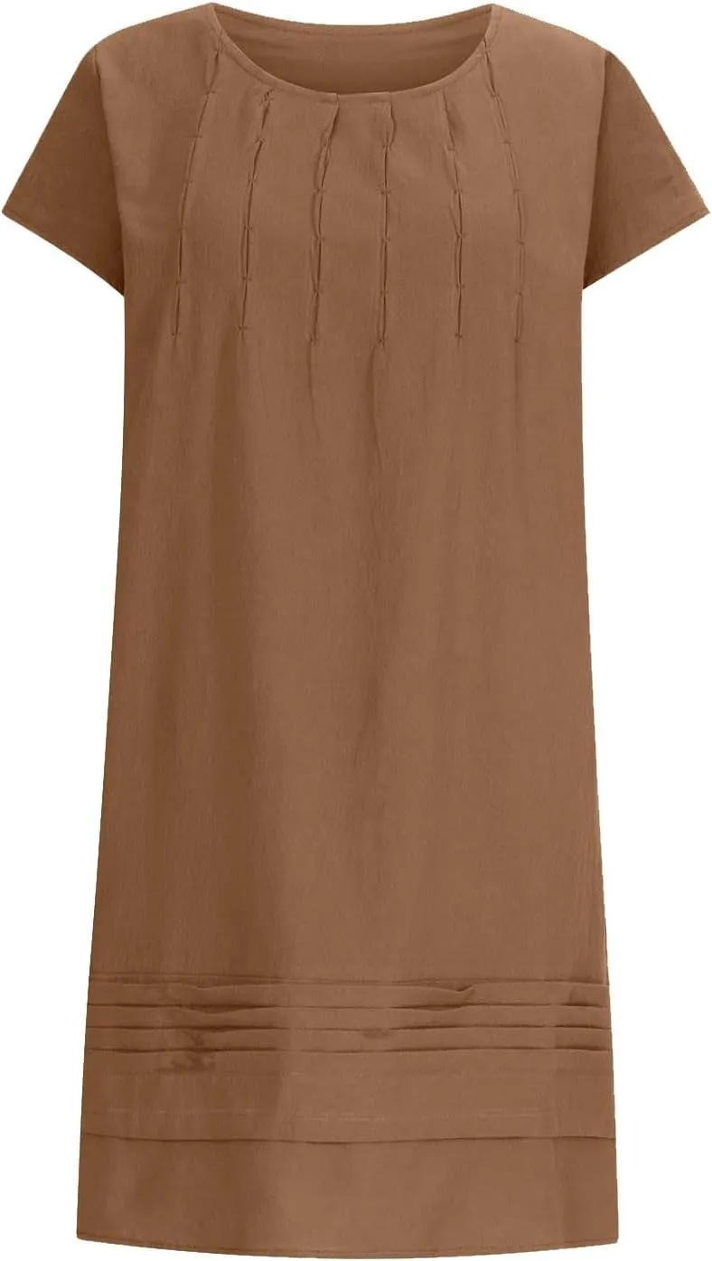 Women's 2025 Plus Size Cap Sleeve Pleated Summer Dresses Cotton Linen Midi Dress Vacation Round Neck Casual Dress