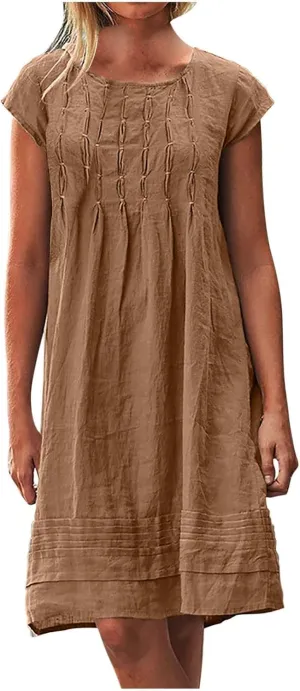 Women's 2025 Plus Size Cap Sleeve Pleated Summer Dresses Cotton Linen Midi Dress Vacation Round Neck Casual Dress