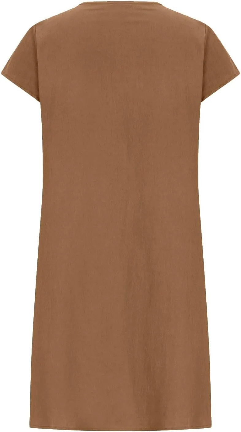 Women's 2025 Plus Size Cap Sleeve Pleated Summer Dresses Cotton Linen Midi Dress Vacation Round Neck Casual Dress