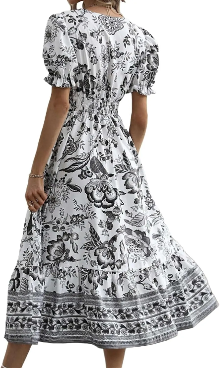 Womens 2025 Summer Floral Midi Dress Casual V Neck Puff Sleeve Flowy Sundress Boho Beach Vacation Dresses