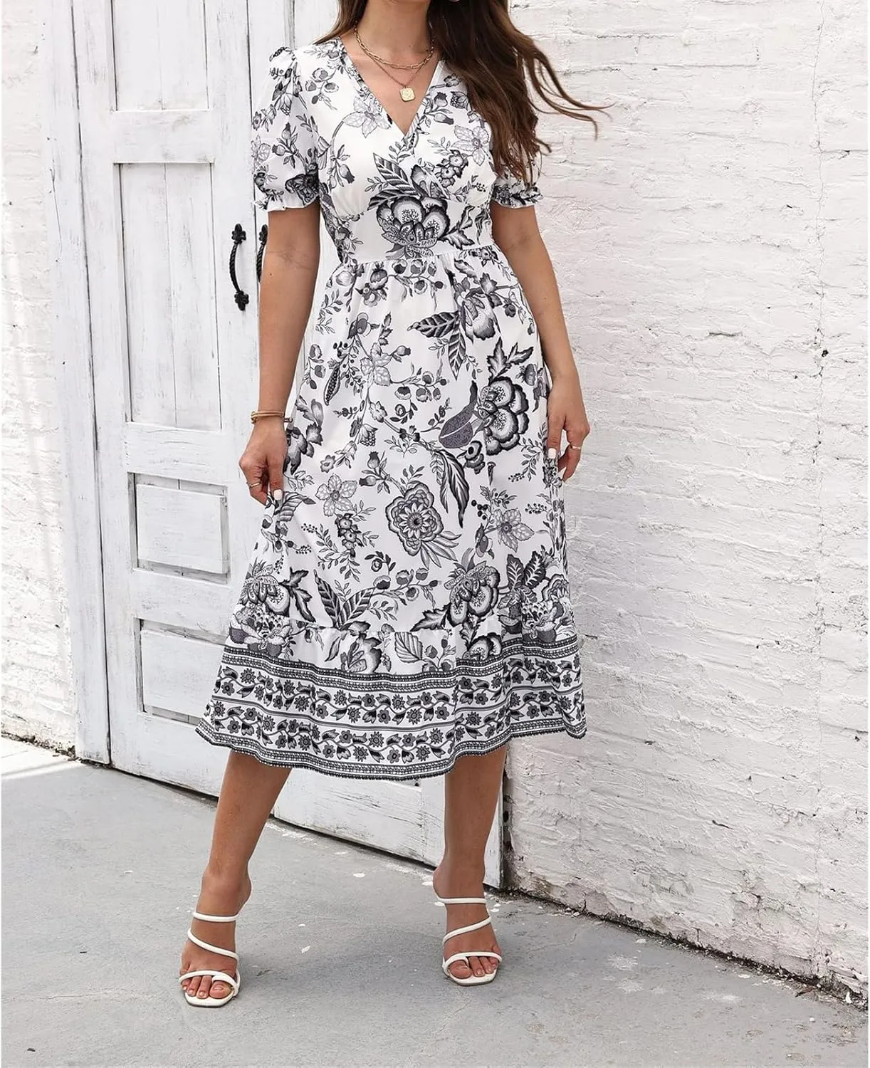 Womens 2025 Summer Floral Midi Dress Casual V Neck Puff Sleeve Flowy Sundress Boho Beach Vacation Dresses