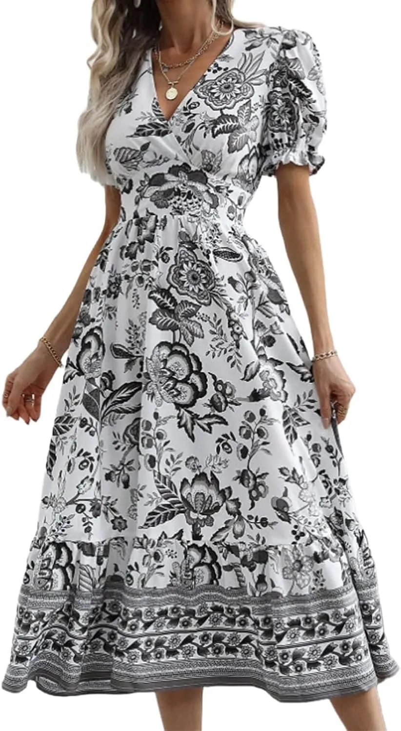 Womens 2025 Summer Floral Midi Dress Casual V Neck Puff Sleeve Flowy Sundress Boho Beach Vacation Dresses