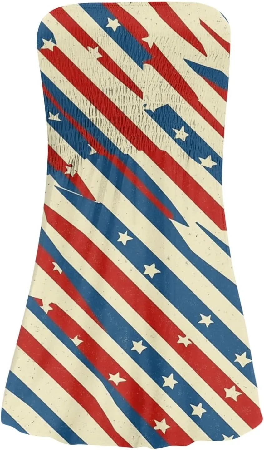Women's 4th of July American Flag Printed Sheath Patriotic Dress Mini A-line Strapless Beach Sundress