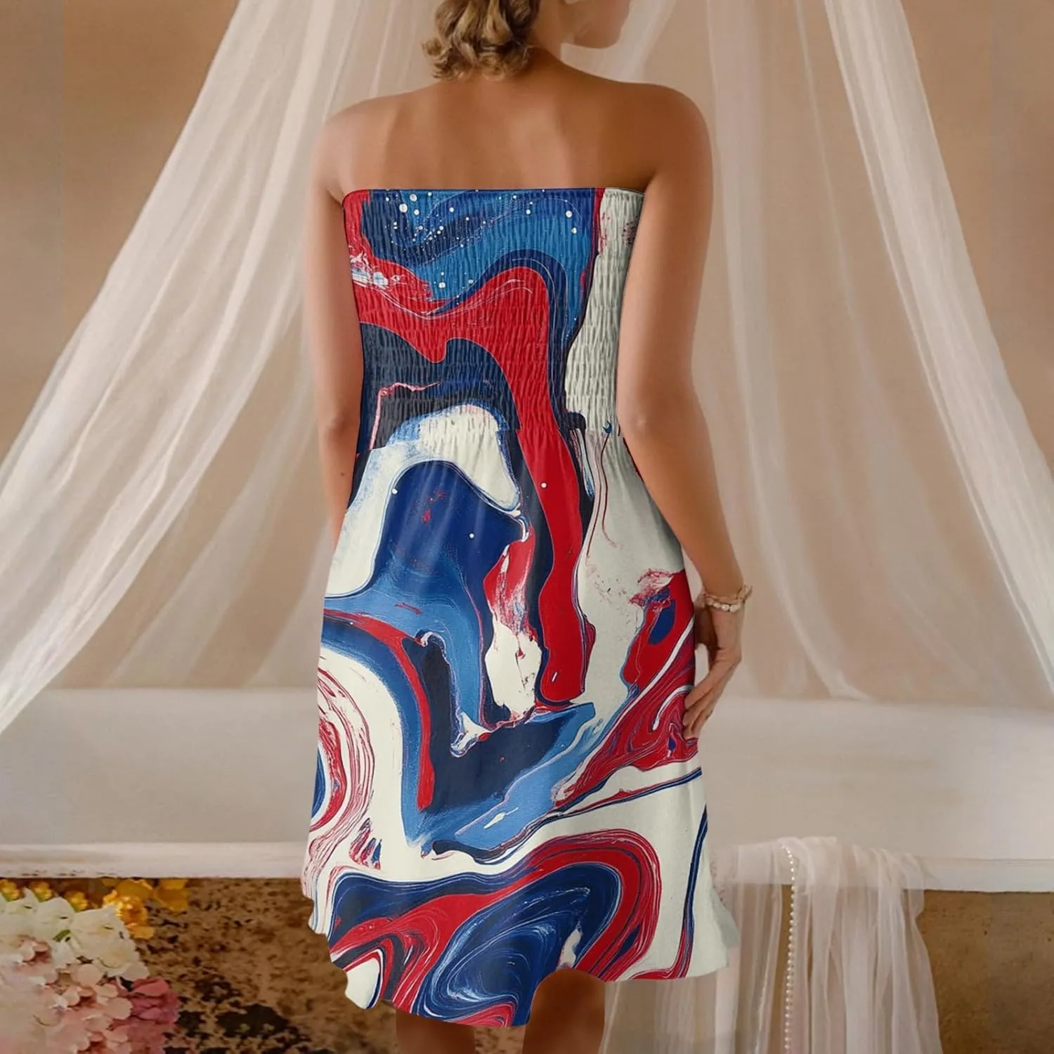 Women's 4th of July American Flag Printed Sheath Patriotic Dress Mini A-line Strapless Beach Sundress