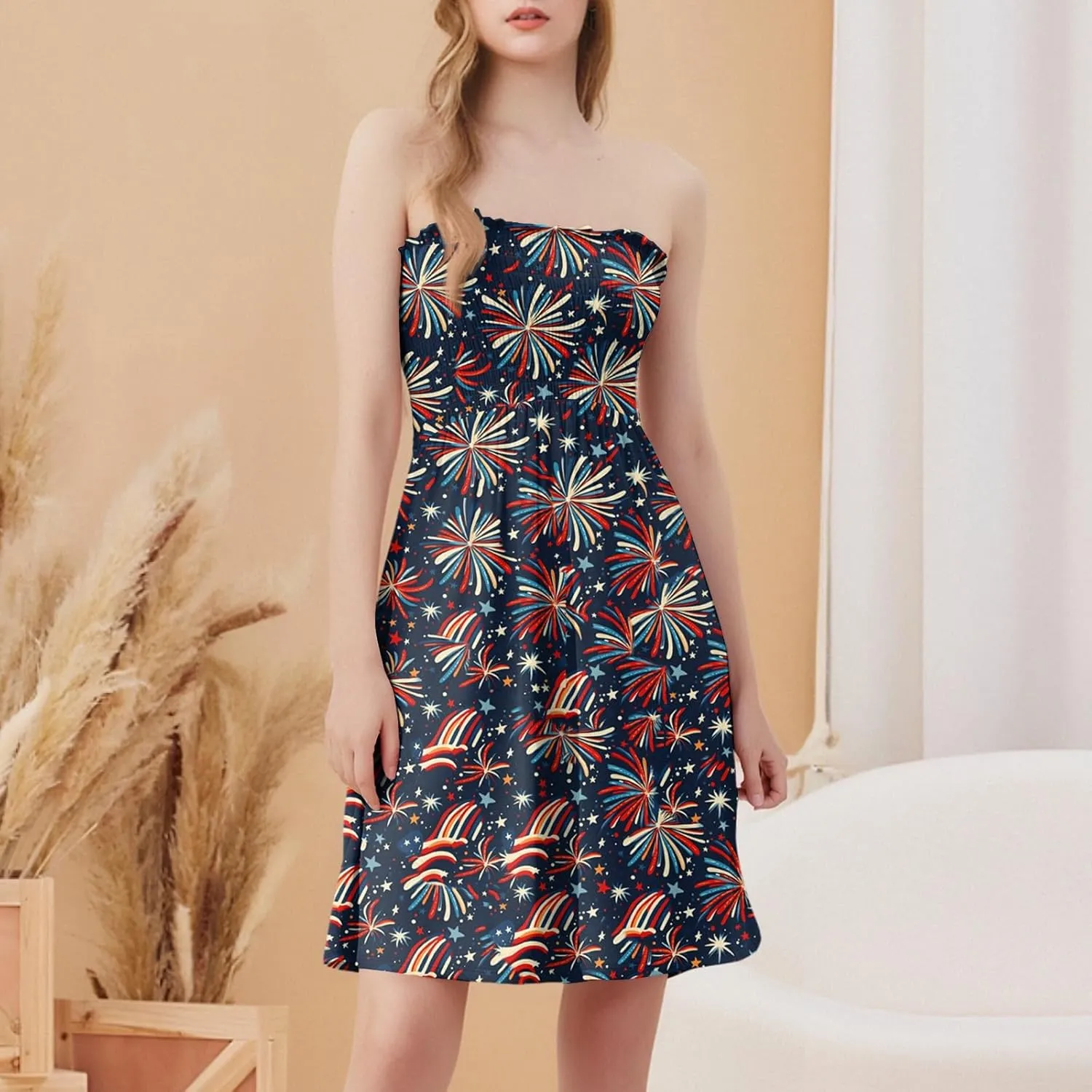 Women's 4th of July American Flag Printed Sheath Patriotic Dress Mini A-line Strapless Beach Sundress