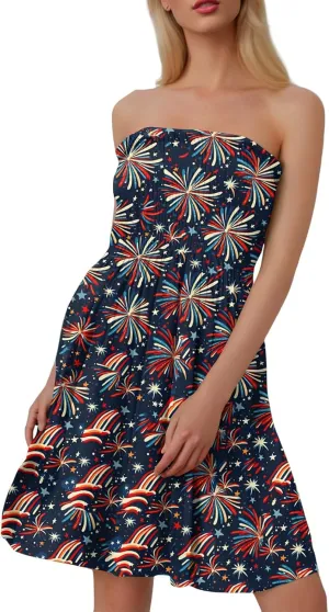 Women's 4th of July American Flag Printed Sheath Patriotic Dress Mini A-line Strapless Beach Sundress
