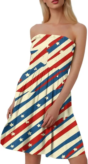 Women's 4th of July American Flag Printed Sheath Patriotic Dress Mini A-line Strapless Beach Sundress