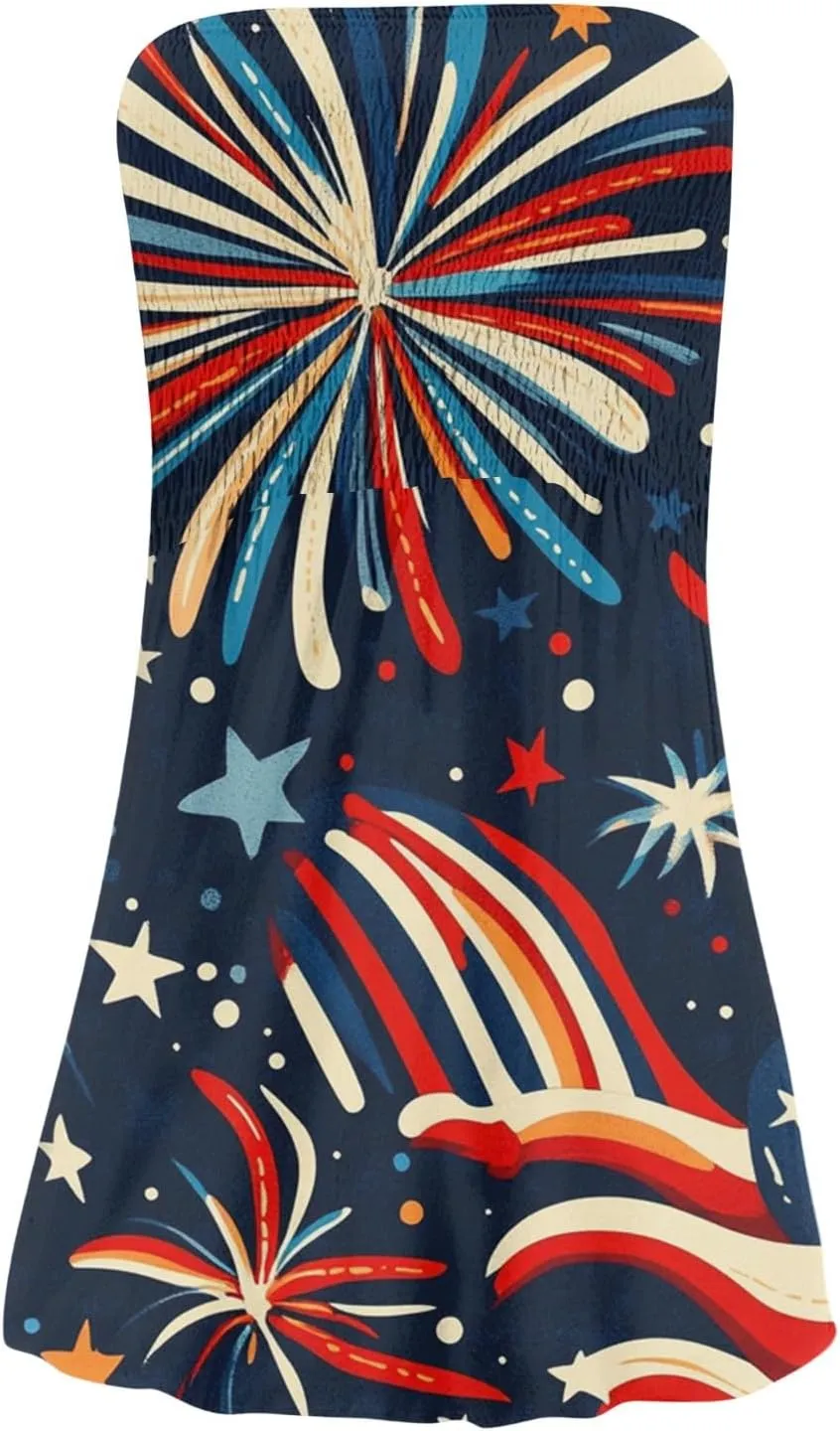 Women's 4th of July American Flag Printed Sheath Patriotic Dress Mini A-line Strapless Beach Sundress