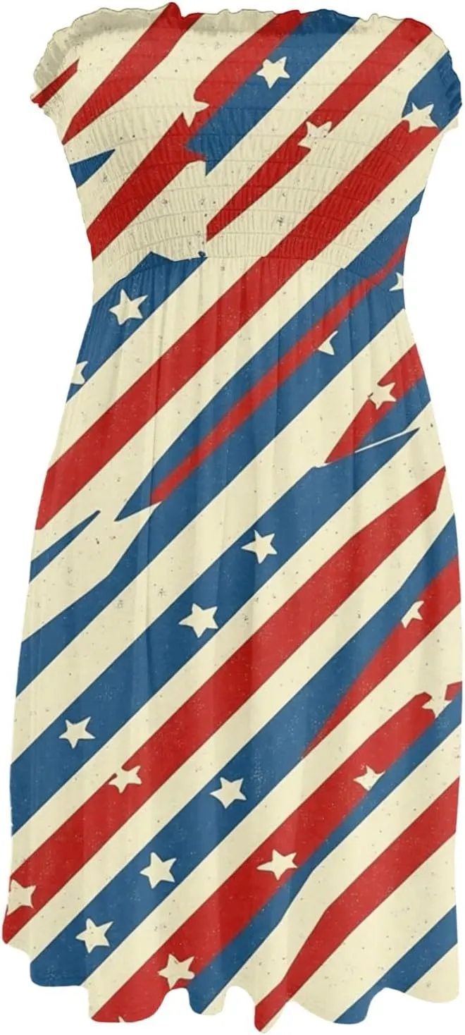 Women's 4th of July American Flag Printed Sheath Patriotic Dress Mini A-line Strapless Beach Sundress